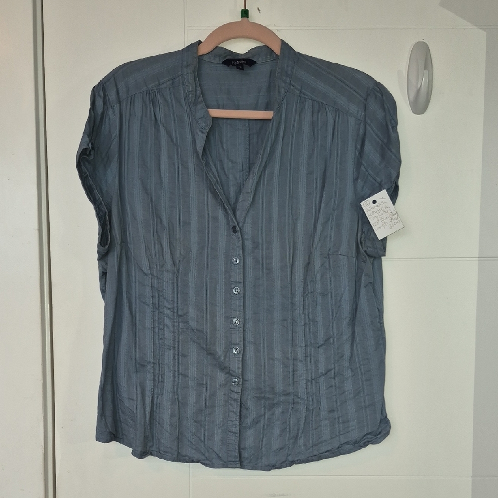 Reitmans Blue Striped Button-Down Short Sleeve Blouse
